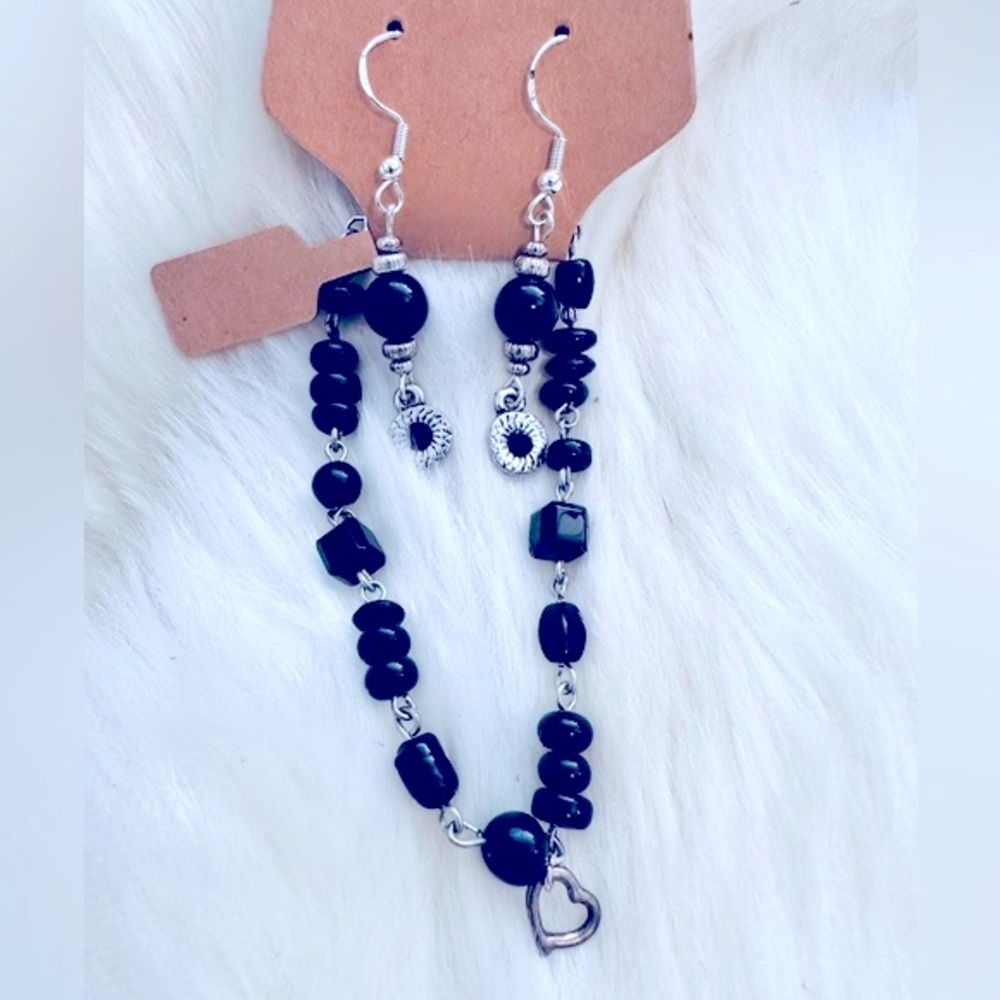Stunning Black Mixed Beaded Genuine Onyx Gemstones 925s Earrings+Bracelet Set